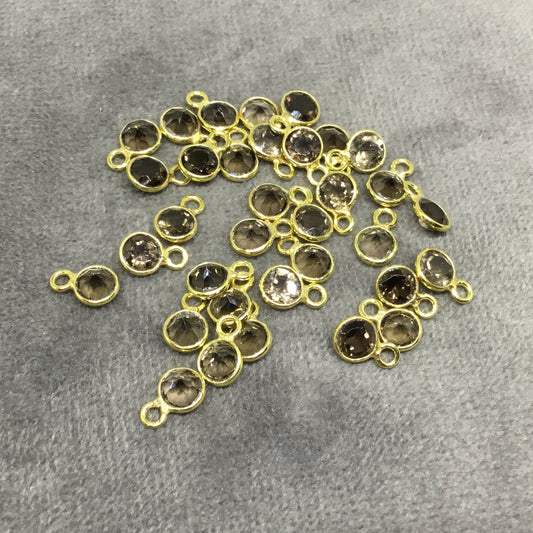 BULK PACK of Six (6) Gold Sterling Silver Pointed/Cut Stone Faceted Round/Coin Shaped Smoky Quartz Bezel Pendants - Measuring 4mm x 4mm