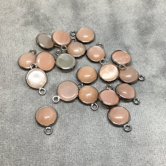 Gunmetal Plated Natural Peach Moonstone Smooth Round/Coin Shaped Copper Bezel Pendant - Measures 8mm x 8mm - Sold Individually, Random