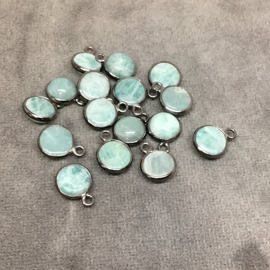 Gunmetal Plated Natural Amazonite Smooth Round/Coin Shaped Copper Bezel Pendant - Measures 8mm x 8mm - Sold Individually, Random