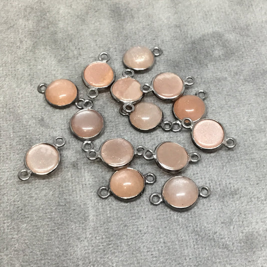 Gunmetal Plated Smooth Natural Peach Moonstone Round/Coin Shaped Bezel Connector - Measuring 8mm x 8mm - Sold Individually, Chosen Randomly