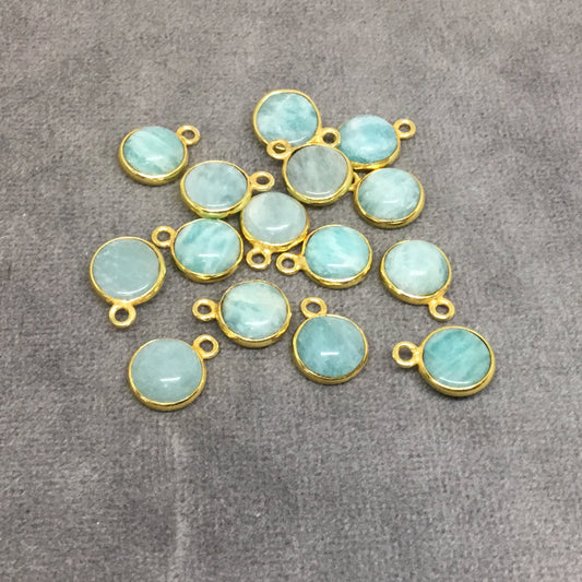 Gold Plated Natural Amazonite Smooth Round/Coin Shaped Copper Bezel Pendant - Measures 8mm x 8mm - Sold Individually, Random