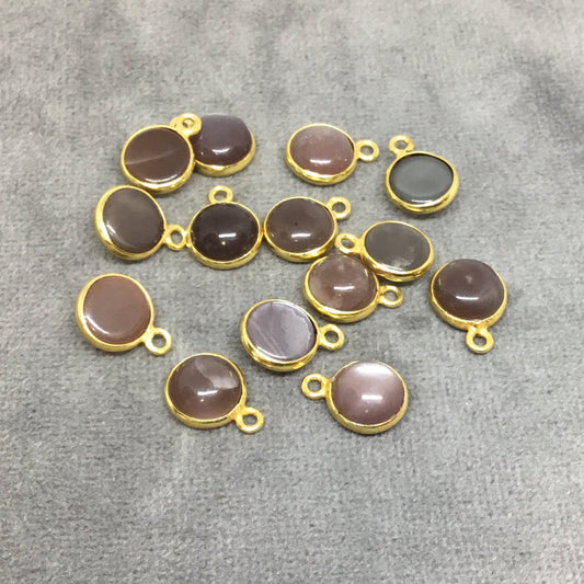 Gold Plated Natural Chocolate Moonstone Smooth Round/Coin Shaped Copper Bezel Pendant - Measures 8mm x 8mm - Sold Individually, Random