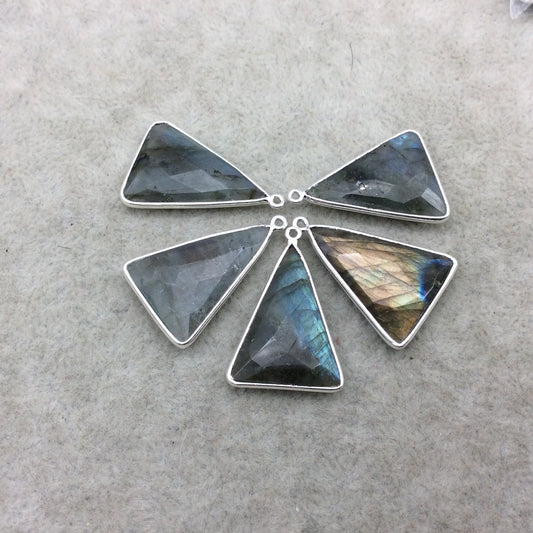 Silver Plated Faceted Natural Iridescent Labradorite Triangle/Arrow Shaped Bezel Pendant - Measuring 18mm x 22-25mm - Sold Individually
