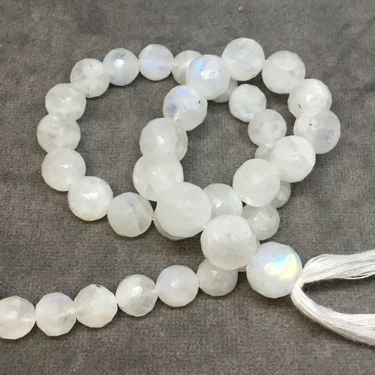 8-10mm x 8-10mm Faceted Graduated Round Shaped Rainbow Moonstone Beads - 14" Strand (~41 Beads) High Quality Hand-Cut Semi-Precious Gemstone