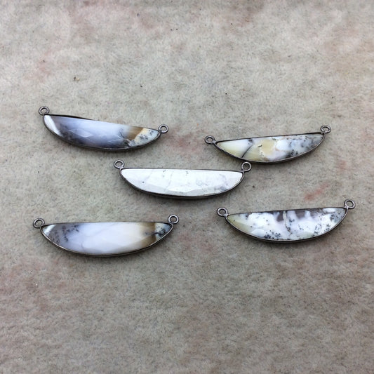 Gunmetal Plated Dendritic Opal Faceted Half-Moon Shaped Copper Bezel Pendant - Measures 10mm x 40mm - Sold Individually, Random