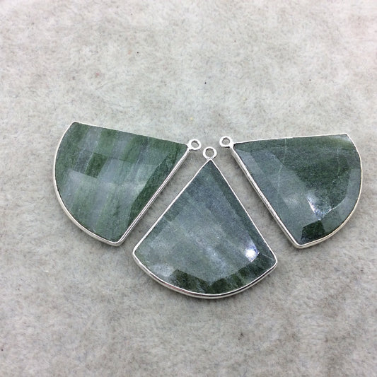 Silver Finish Faceted Green Aventurine Fan Shape Bezel - Plated Copper Pendant Component ~ 30mm x 30mm - Sold Individually
