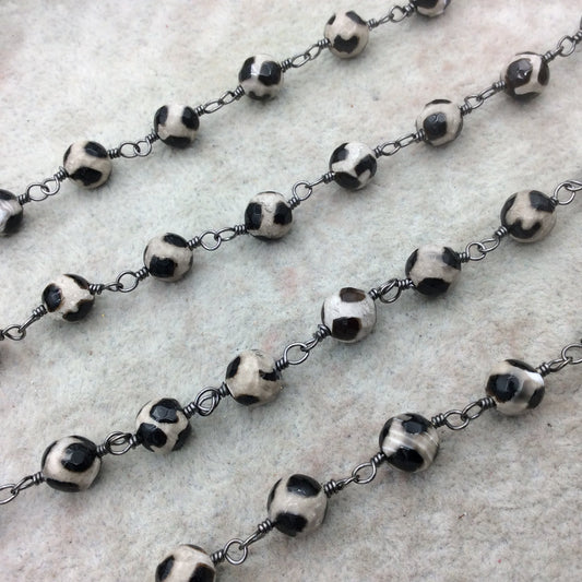 Gunmetal Plated Copper Wrapped Rosary Chain with 8mm Faceted Black/Gray Spotted Agate Round Shaped Beads - Sold by the foot! (CH420-GM)