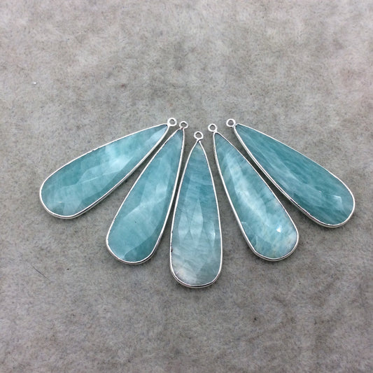 Silver Finish Faceted Green Amazonite Long Teardrop Shape Bezel - Plated Copper Pendant Component ~ 15mm x 45mm - Sold Individually