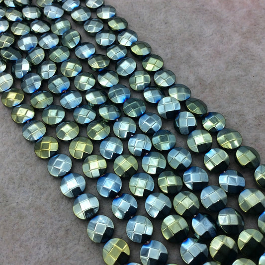 8mm Metallic Faceted Pale Teal Hematite Coin Shaped Beads - 15" Strand - Approx. 48 Beads Per Strand - Semi-Precious Gemstone