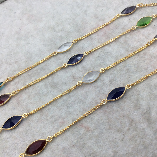 Gold Plated Copper Spaced Bezel Link Rosary Chain with 8mm x 15mm Faceted Rainbow Hydro Quartz Marquise Bezels - Sold by 1' Sections
