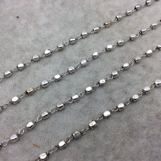 Ox. Silver Plated Copper Wrapped Rosary Chain W 4mm Ox. Silver Plated Copper 3D Cube Shape Beads - Metallic Chain