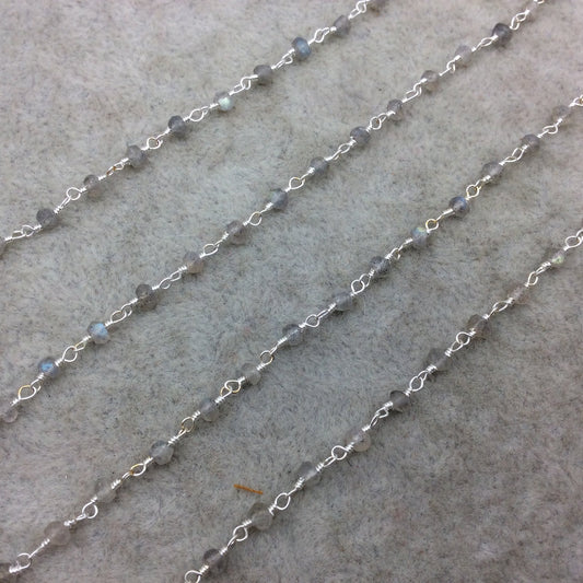 Silver Plated Copper Wrapped Rosary Chain W 4mm Faceted Natural Iridescent Gray Labradorite Rondelle Shaped Beads (CH095-SV)
