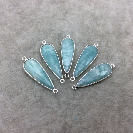 Silver Finish Faceted Green Amazonite Long Teardrop Shape Bezel - Plated Copper Connector Component ~ 12mm x 30mm - Sold Individually