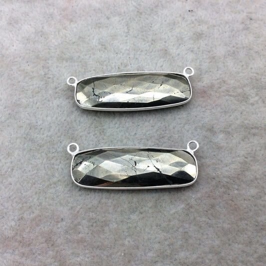 Sterling Silver Faceted Rectangle Shaped Natural Pyrite Bezel Connector Component - Measuring 14mmx38mm - Sold Individually, Random