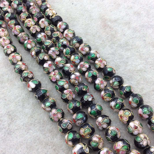 10mm Decorative Floral Black Puffed Round/Ball Shaped Metal/Enamel Cloisonné Beads - Sold by 15" Strands (~ 56 Beads Per Strand)