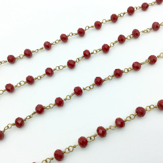 Sold By the FOOT - Gold Plated Copper Wrapped Rosary Chain with 6mm Faceted Lipstick Red Glass Crystal Rondelle Shaped Beads - Sold Per 1'