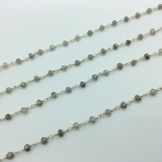 Silver Plated Copper Rosary Chain with 3-4mm Rondelle Shaped Mystic Coated Gray Labradorite Beads - Sold by the Foot! (CH148-SV)