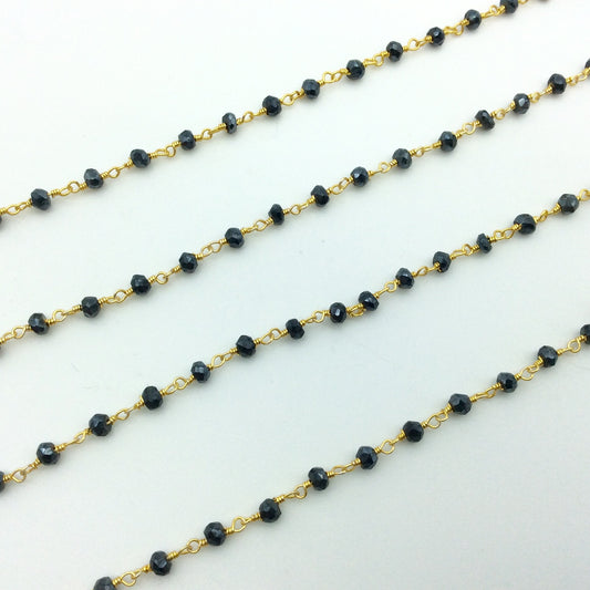 Gold Plated Copper Rosary Chain with Faceted 3-4mm Rondelle Shaped Mystic Coated Black Spinel Beads - Sold Per Ft - (CH157-GD)