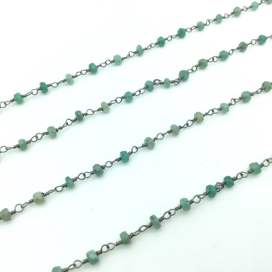 Gunmetal Plated Copper Wrapped Rosary Chain with 3mm Faceted Natural Emerald Green Onyx Rondelle Beads (CH094-GM)- Sold by 1' Cut Sections!