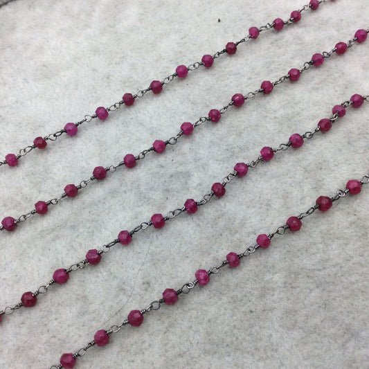 Gunmetal Plated Copper Rosary Chain with Faceted 3-4mm Rondelle Shaped Enhanced Ruby Beads (CH111-GM) - Sold in 1' Sections!
