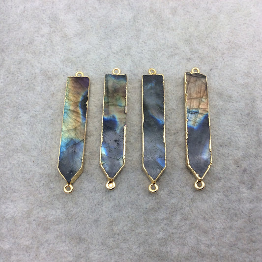 9-10mm x 40-50mm Gold Finish Arrow/Dagger Shaped Electroplated Flashy Labradorite Connector - Sold Individually, Randomly Chosen