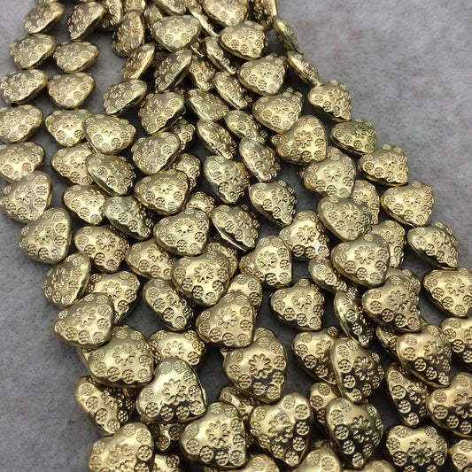 Gold Finish Embossed Heart Shape Plated Pewter Beads (47343)- 8" Strand (Approx. 20 Beads) - 10mm x 10mm - 1mm Hole Size