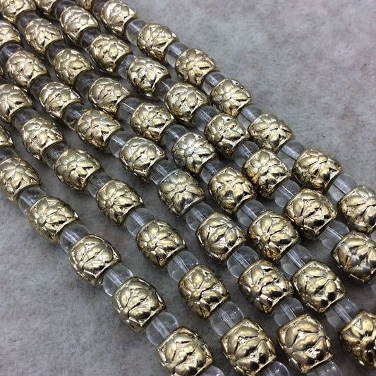Gold Finish Floral Pattern Tube Shape Plated Pewter Beads - 8" Strand (Approx. 15 Beads) - 8mm x 10mm - 5mm Hole Size