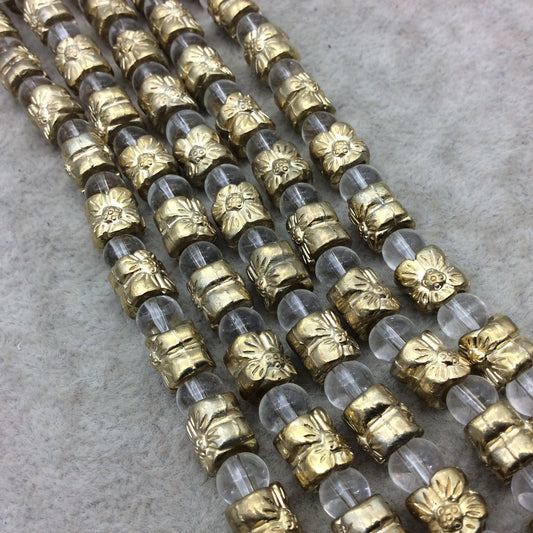 Gold Finish Scalloped Edge Flower Pattern Tube Shape Plated Pewter Beads - 8" Strand (Approx. 16 Beads) - 8mm x 8mm - 5mm Hole Size