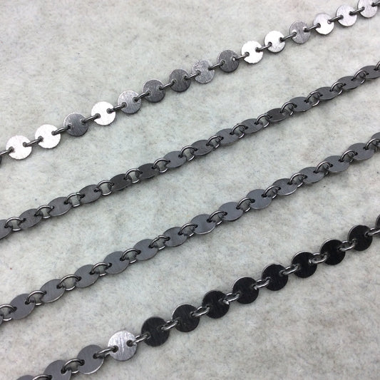Gunmetal Plated Copper Circle/Disc And Link Chain - 4mm Circles With Connectors - CUTE and Delicate - Sold By the Foot! (CH459-GM)