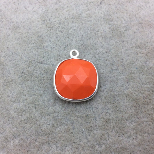 Sterling Silver Faceted Square Shape Opaque Orange Hydro (Man-made) Chalcedony Bezel Pendant ~ 15mm x 15mm - Sold Per Each