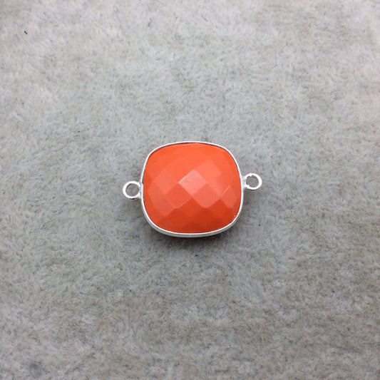 Sterling Silver Faceted Square Shape Opaque Orange Hydro (Man-made) Chalcedony Bezel Connector ~ 18mm x 18mm - Sold Per Each