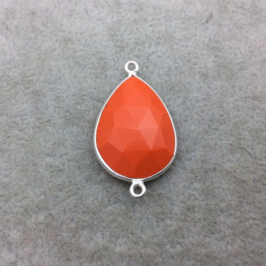 Sterling Silver Faceted Teardrop Shape Opaque Orange Hydro (Man-made) Chalcedony Bezel Connector ~ 18mm x 25mm - Sold Per Each