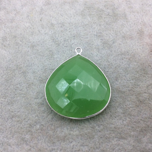 Sterling Silver Faceted Teardrop/Heart Shape Semi Opaque Green Hydro (Man-made) Chalcedony Bezel Pendant - ~ 32mm x 32mm - Sold Individually