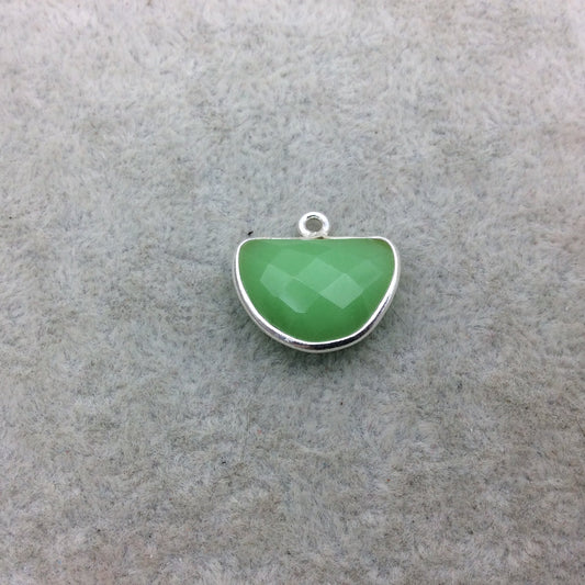 Sterling Silver Faceted Half Moon Shaped Opaque Green Hydro (Man-made) Chalcedony Bezel Pendant - Measuring 16mm x 12mm - Sold Individually