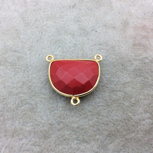 Gold Vermeil Faceted Half Moon Shaped Red Hydro (Man-made) Chalcedony 3 Ring Bezel Connector - Measuring 16mm x 20mm - Sold Individually