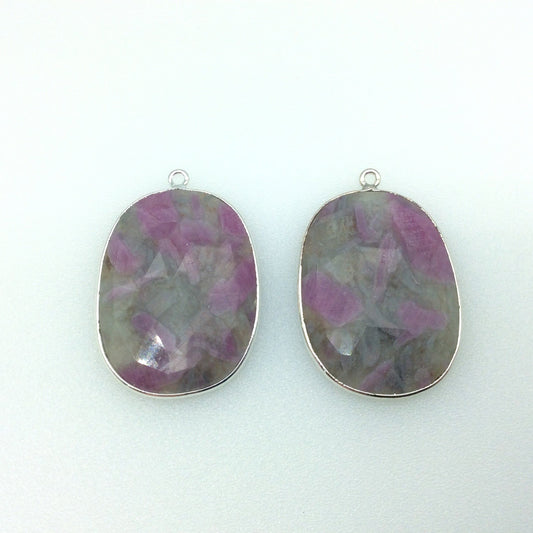 One Pair of OOAK Silver Finish Faceted Ruby in Feldspar Freeform Shaped Bezel Pendants "SA"- Measuring 24mm x 32mm - Natural Gemstone