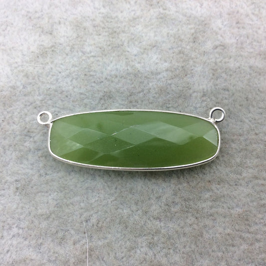 Sterling Silver Faceted Semi-Opaque Rounded Rectangle Shape Green Hydro (Man-made) Chalcedony Bezel Connector ~ 14mm x 38mm - Sold Per Each