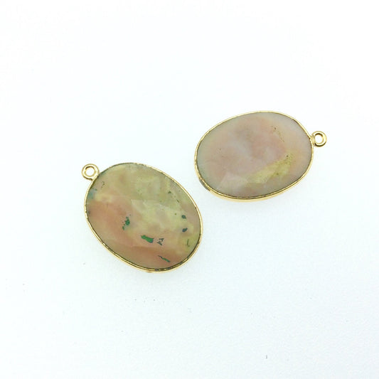 Pink Opal Bezel | Gold Finish Faceted Oval Shaped Plated Copper Pendant - Measuring 20mm x 22mm Long - Natural Gemstone - Sold Individually