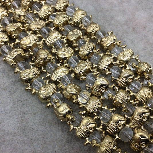 Gold Finish Puffed Skull And Crossbones Shape Plated Pewter Beads (47202)- 8" Strand (Approx. 15 Beads) - 12mm x 14mm - 5mm Hole Size