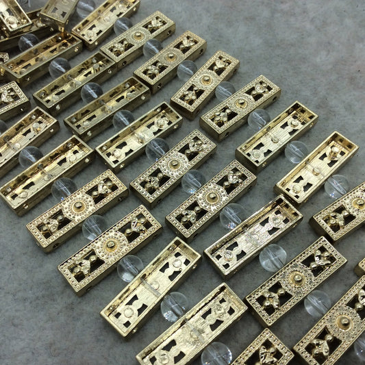 Gold Finish 3 Hole Flat Filigree Rectangle Shape Plated Pewter Beads (01961)- 8" Strand (Approx. 14 Beads) - 8mm x 25mm - THREE 1mm Holes