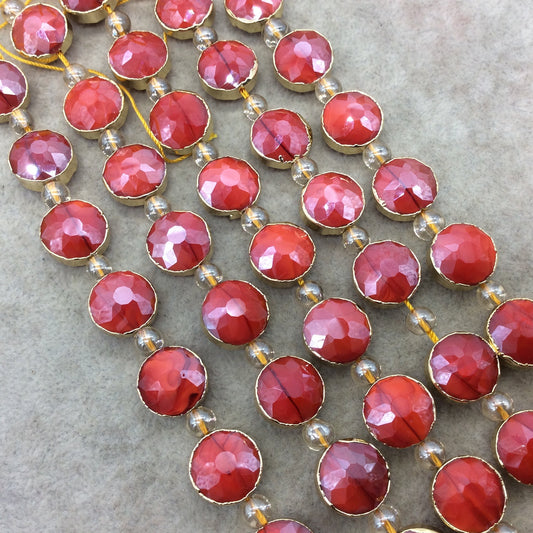 14mm x 14mm Gold Electroplated Glossy Finish Faceted Opaque Cadmium Red Crystal Round/Coin Beads - Sold by 7" Strands (10 Beads) -