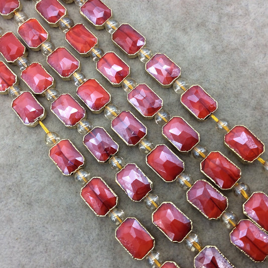 10mm x 14mm Gold Electroplated Glossy Finish Faceted Opaque Cadmium Red Crystal Rectangle Beads - Sold by 7" Strands (10 Beads) -