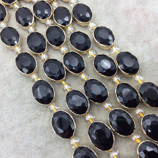 12mm x 16mm Gold Electroplated Glossy Finish Faceted Opaque Black Onyx Crystal Oval Beads - Sold by 7" Strands (9 Beads) -