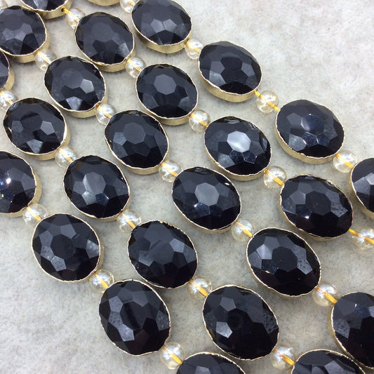 16mm x 20mm Gold Electroplated Glossy Finish Faceted Opaque Black Onyx Crystal Oval Beads - Sold by 7" Strands (7 Beads) -