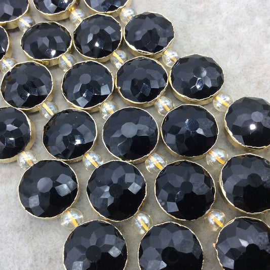 18mm x 18mm Gold Electroplated Glossy Finish Faceted Opaque Black Onyx Crystal Round/Coin Beads - Sold by 7" Strands (8 Beads) -