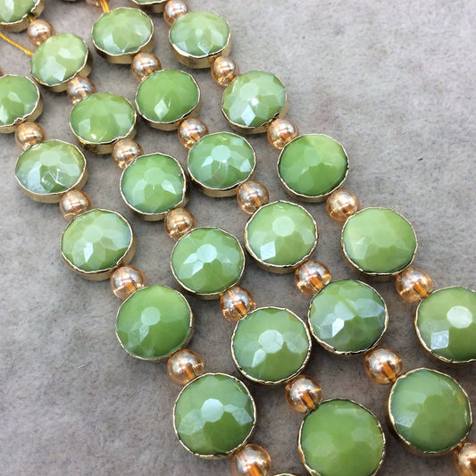 14mm x 14mm Gold Electroplated Glossy Finish Faceted Opaque Apple Green Crystal Round/Coin Beads - Sold by 7" Strands (10 Beads) -