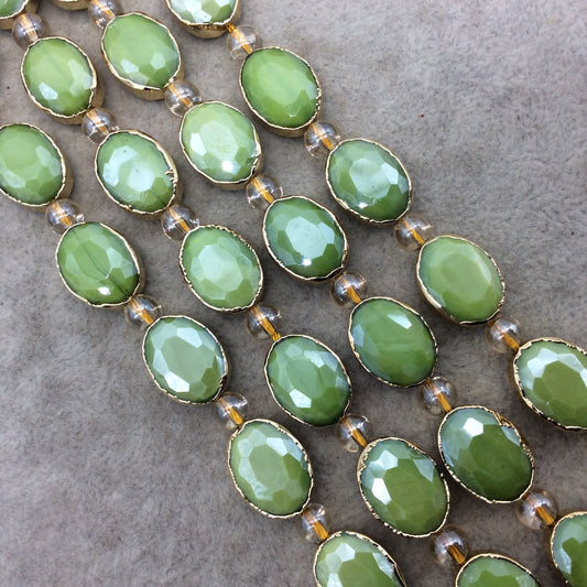 12mm x 16mm Gold Electroplated Glossy Finish Faceted Opaque Apple Green Crystal Oval Beads - Sold by 7" Strands (9 Beads) -