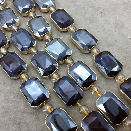 13mm x 18mm Gold Electroplated Glossy Finish Faceted Opaque Black Ruby Crystal Rectangle Beads - Sold by 7" Strands (8 Beads) -