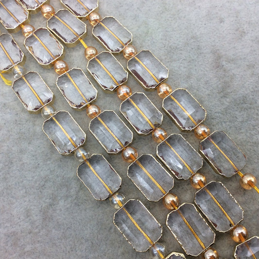 13mm x 18mm Gold Electroplated Glossy Finish Faceted Transparent Clear Crystal Rectangle Beads - Sold by 7" Strands (8 Beads) -