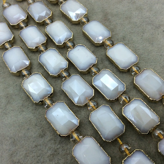 13mm x 18mm Gold Electroplated Glossy Finish Faceted Opaque White Crystal Rectangle Beads - Sold by 7" Strands (8 Beads) -